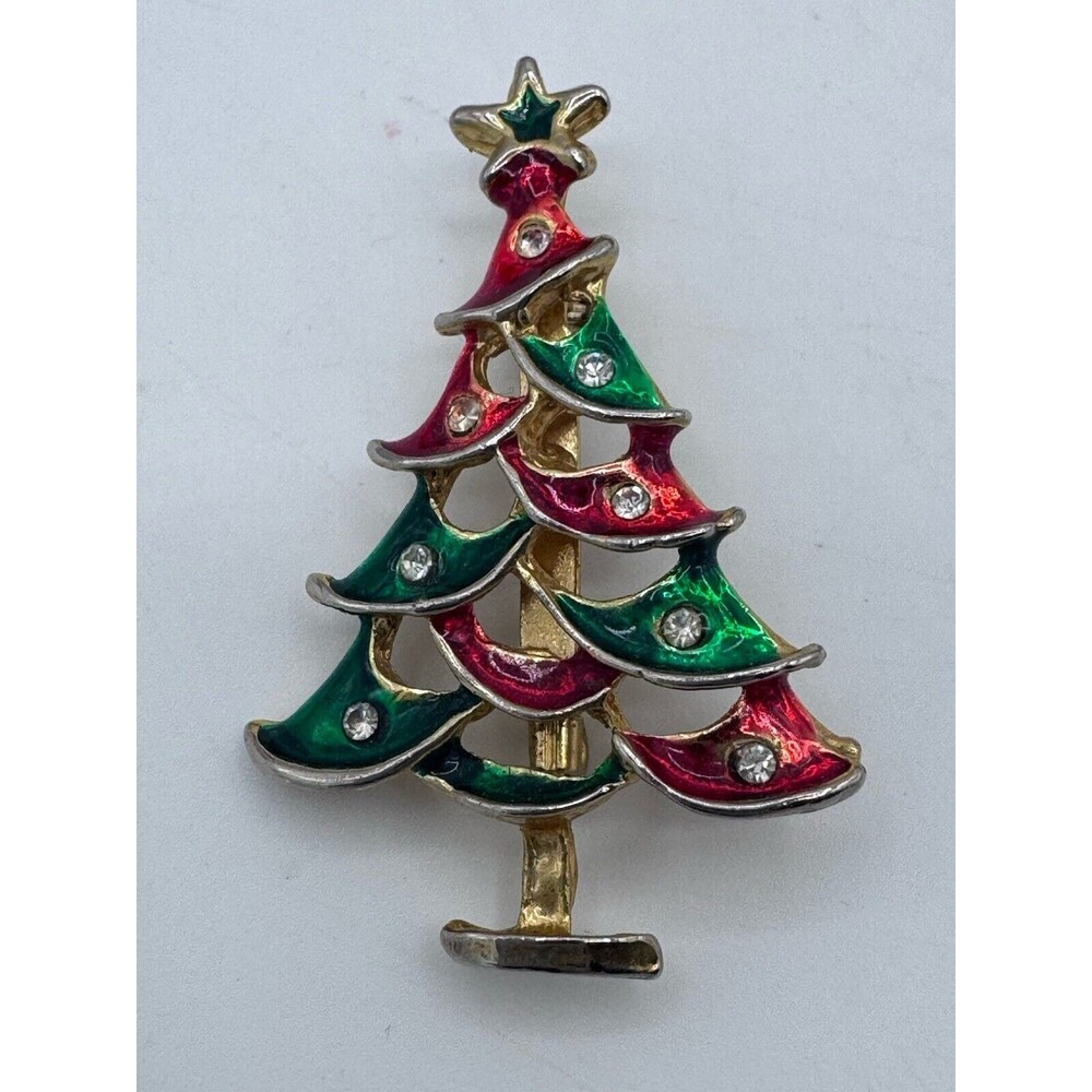 Christmas Tree Gold & Silver Brooch Pin Red & Green Enamel Crystal Ornaments